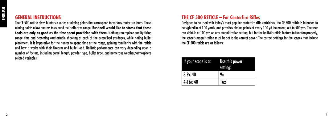 Bushnell manual General Instructions, CF 500 Reticle For Centerfire Rifles 