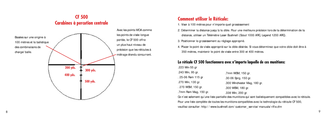 Bushnell CF 500 manual Carabines à percution centrale Comment utiliser le Réticule, 270 Win, 130 gr 300, 338 Win, 200 gr 
