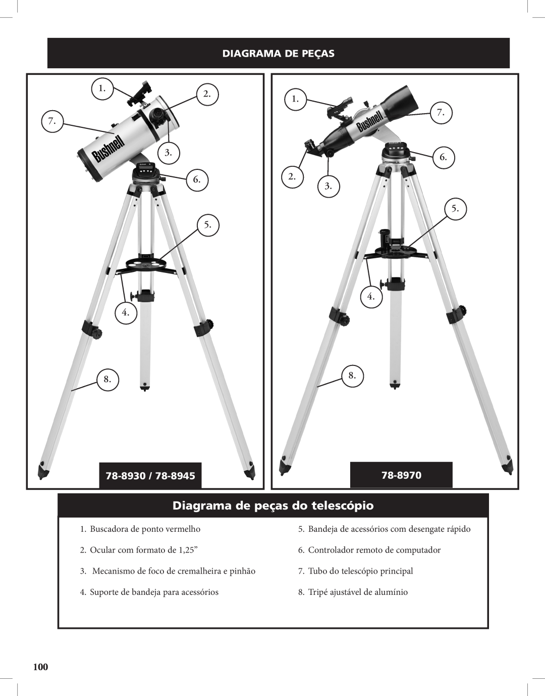 Bushnell Discoverer Diagrama de peças do telescópio, Diagrama De Peças, 1.2 7 3 6 5, 1 7 6 2 3 5, 78-8930, 78-8970 
