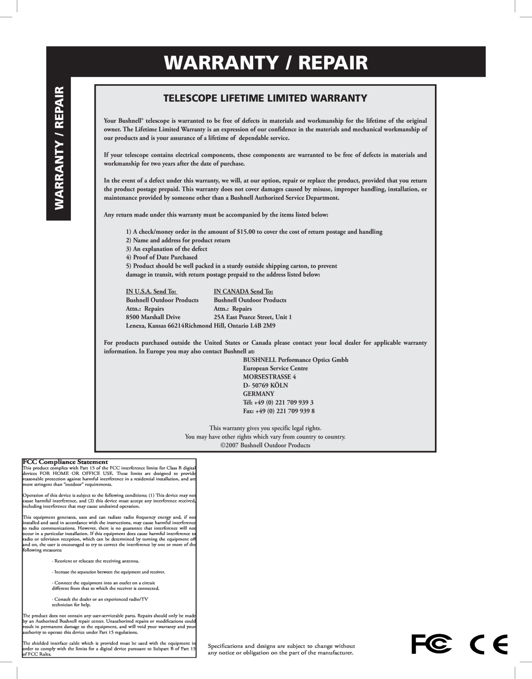 Bushnell Discoverer instruction manual Warranty / Repair, Telescope LIFETIME LIMITED WARRANTY 