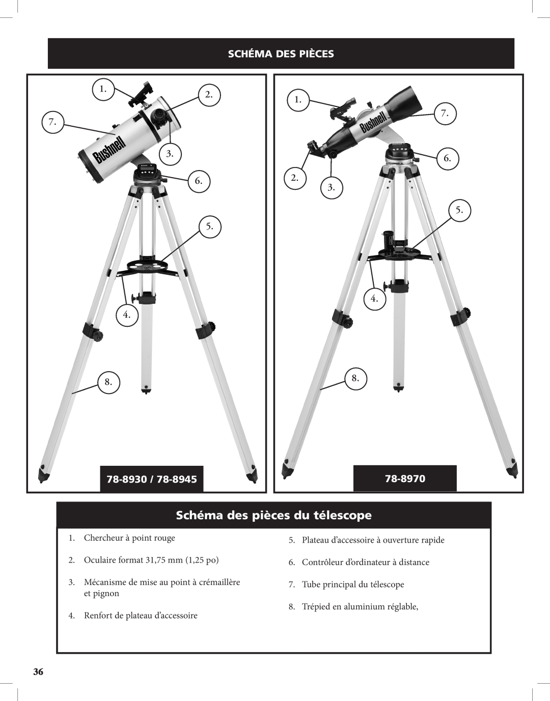 Bushnell Discoverer Schéma des pièces du télescope, Schéma Des Pièces, 1.2 7 3 6 5, 1 7 6 2 3 5, 78-8930, 78-8970 