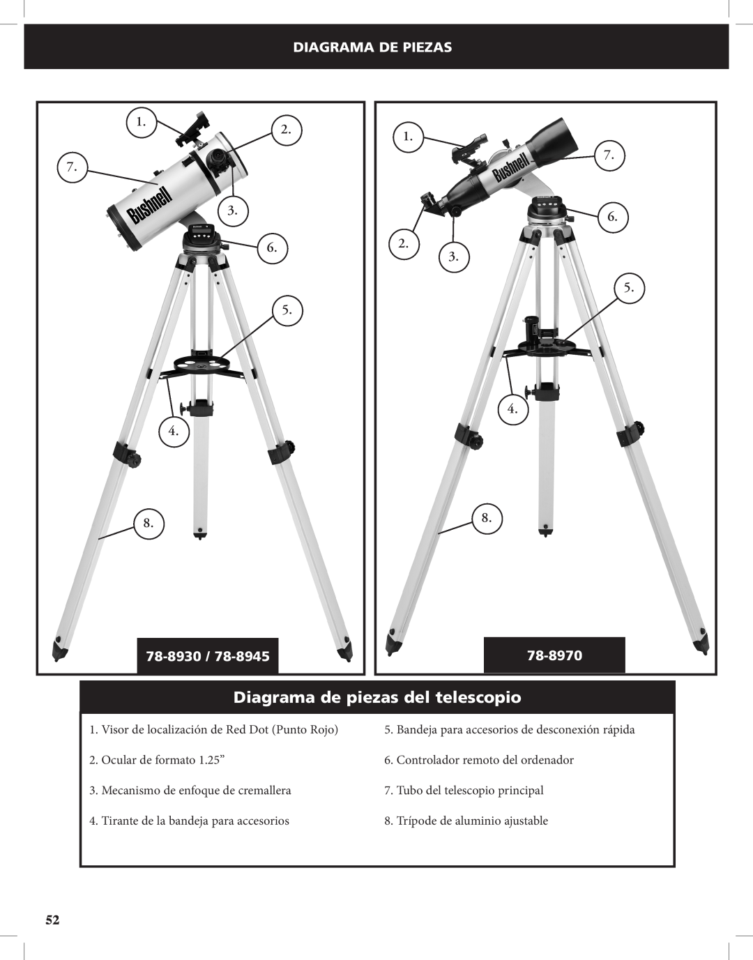 Bushnell Discoverer Diagrama de piezas del telescopio, Diagrama De Piezas, 1.2 7 3 6 5 4 8, 1 7 6 2 3 5 4 8, 78-8930 