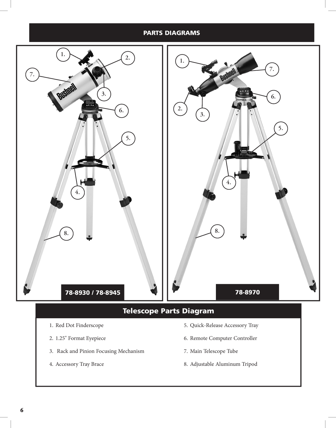 Bushnell Discoverer instruction manual Telescope Parts Diagram, Parts Diagrams, 1.2 7 3 6 5, 1 7 6 2 3 5, 78-8930, 78-8970 