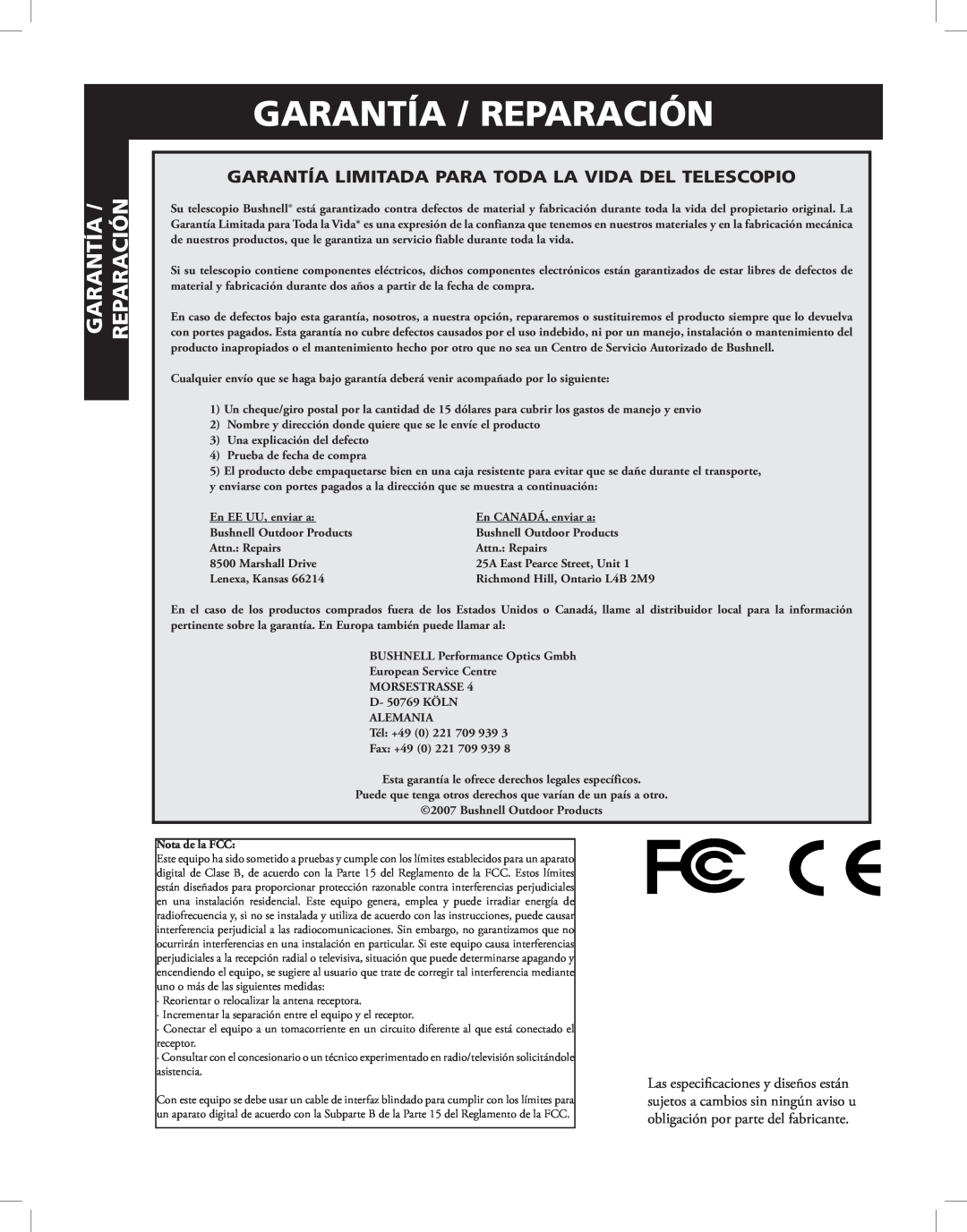 Bushnell Discoverer instruction manual Garantía / Reparación 