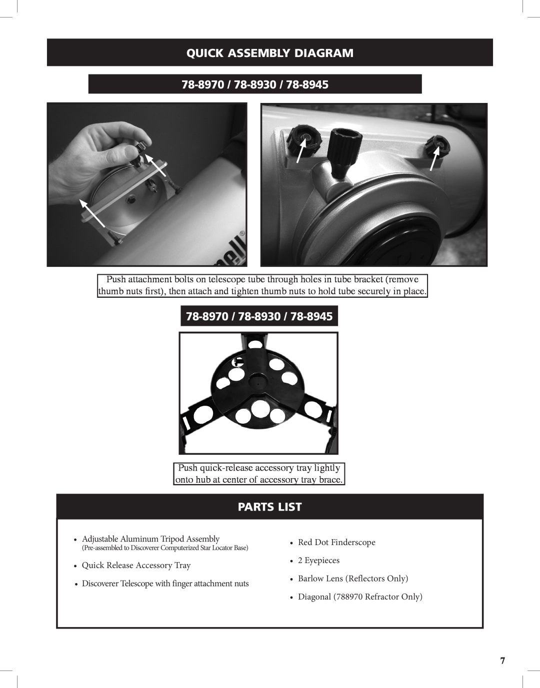 Bushnell Discoverer instruction manual Quick Assembly Diagram 78-8970 / 78-8930, Parts List 
