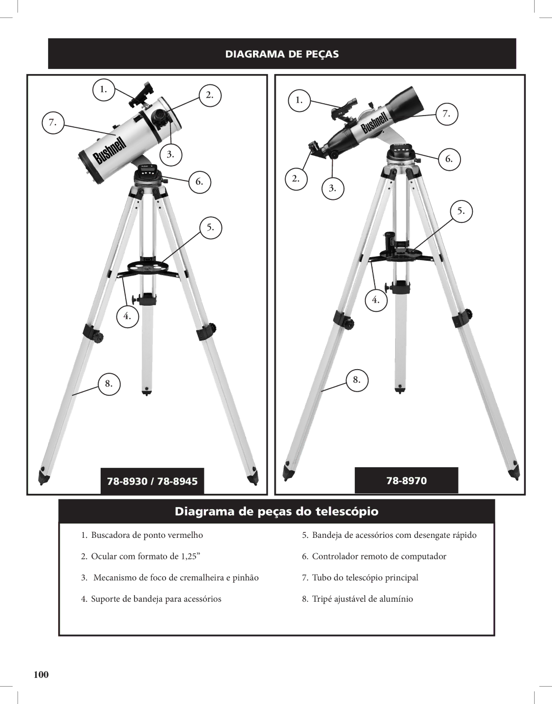 Bushnell Discoverer instruction manual Diagrama de peças do telescópio, Diagrama DE Peças 