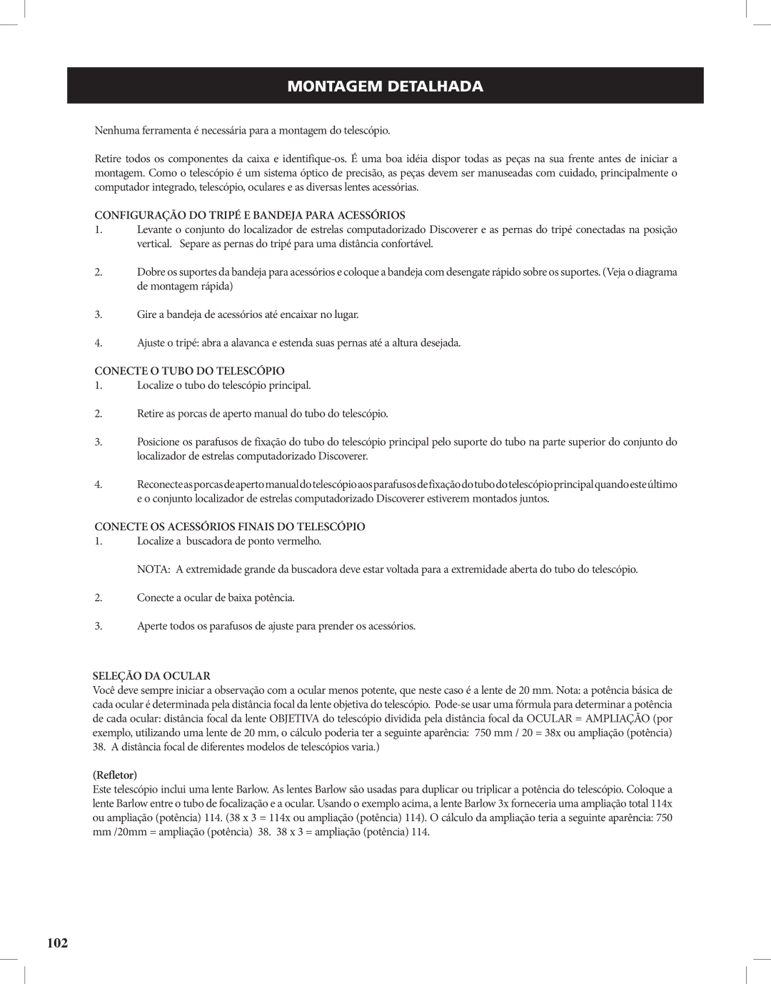 Bushnell Discoverer instruction manual Montagem­detalhada, Configuração do Tripé E Bandeja Para Acessórios 