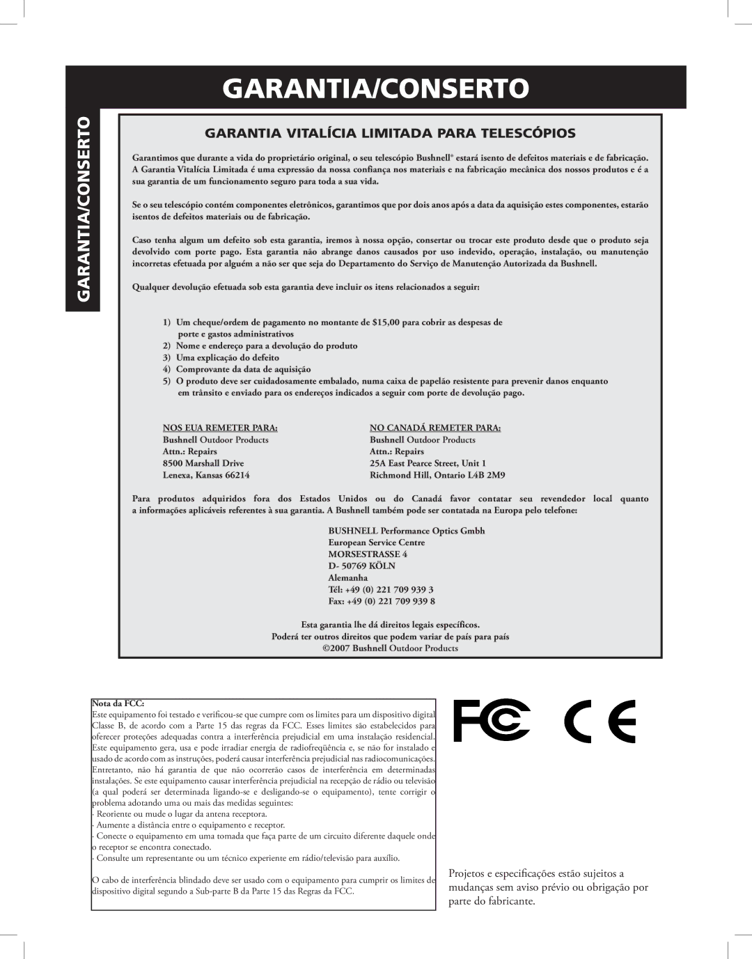 Bushnell Discoverer instruction manual Garantia/Conserto 