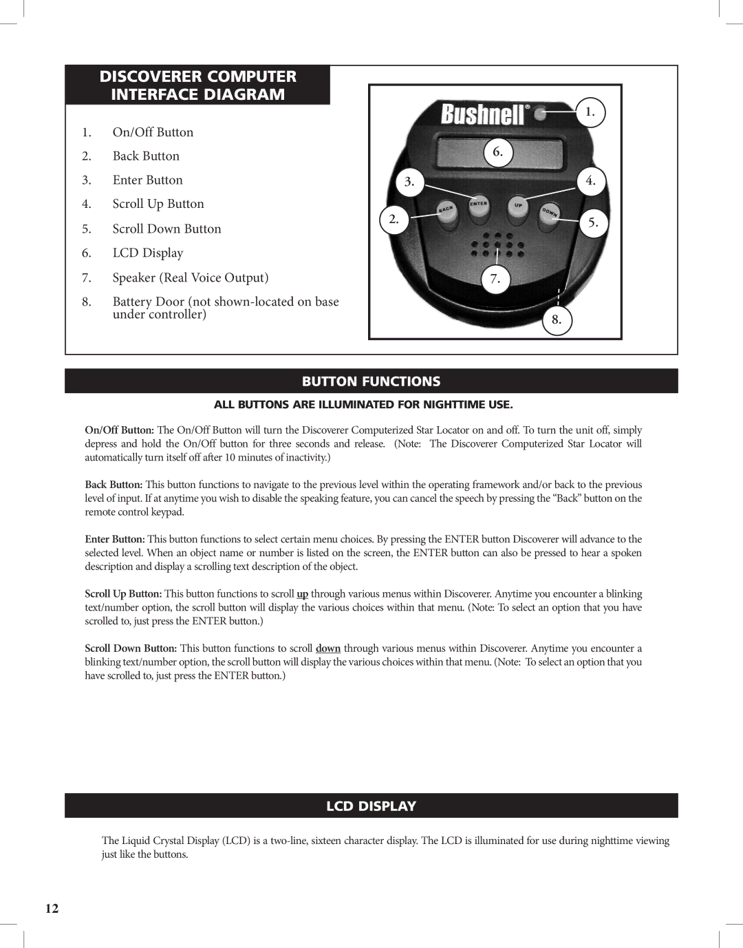 Bushnell instruction manual Discoverer Computer Interface Diagram, Button Functions, LCD Display 