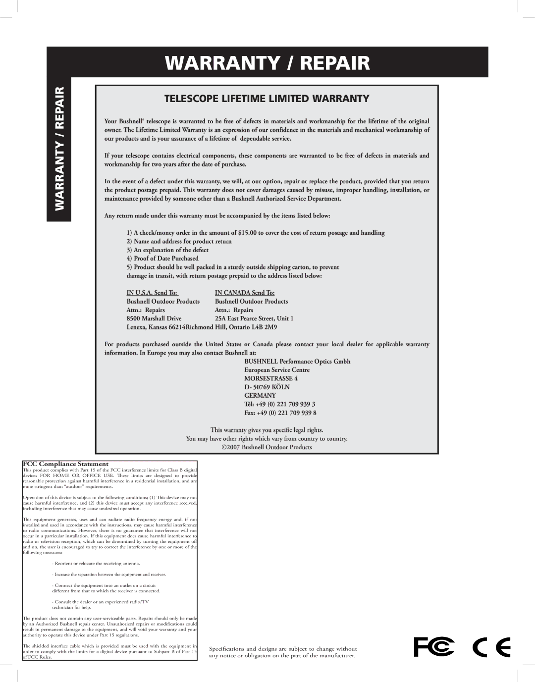 Bushnell Discoverer instruction manual Warranty / Repair 