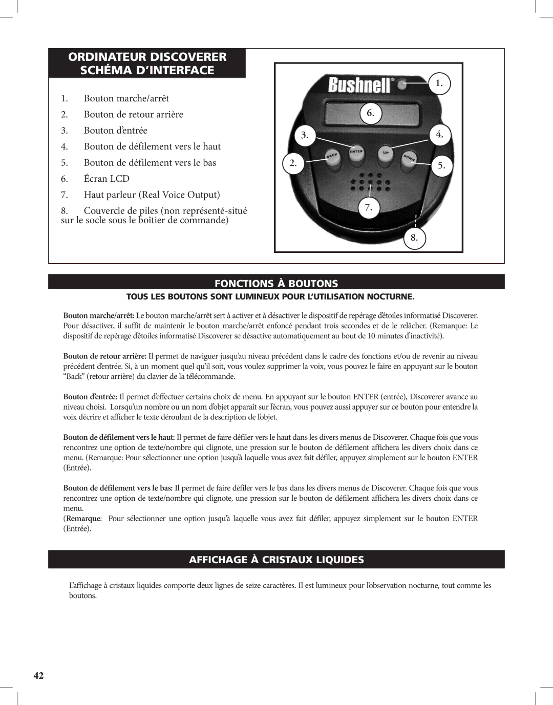 Bushnell instruction manual Ordinateur Discoverer Schéma D’INTERFACE, Fonctions À Boutons, Affichage À Cristaux Liquides 