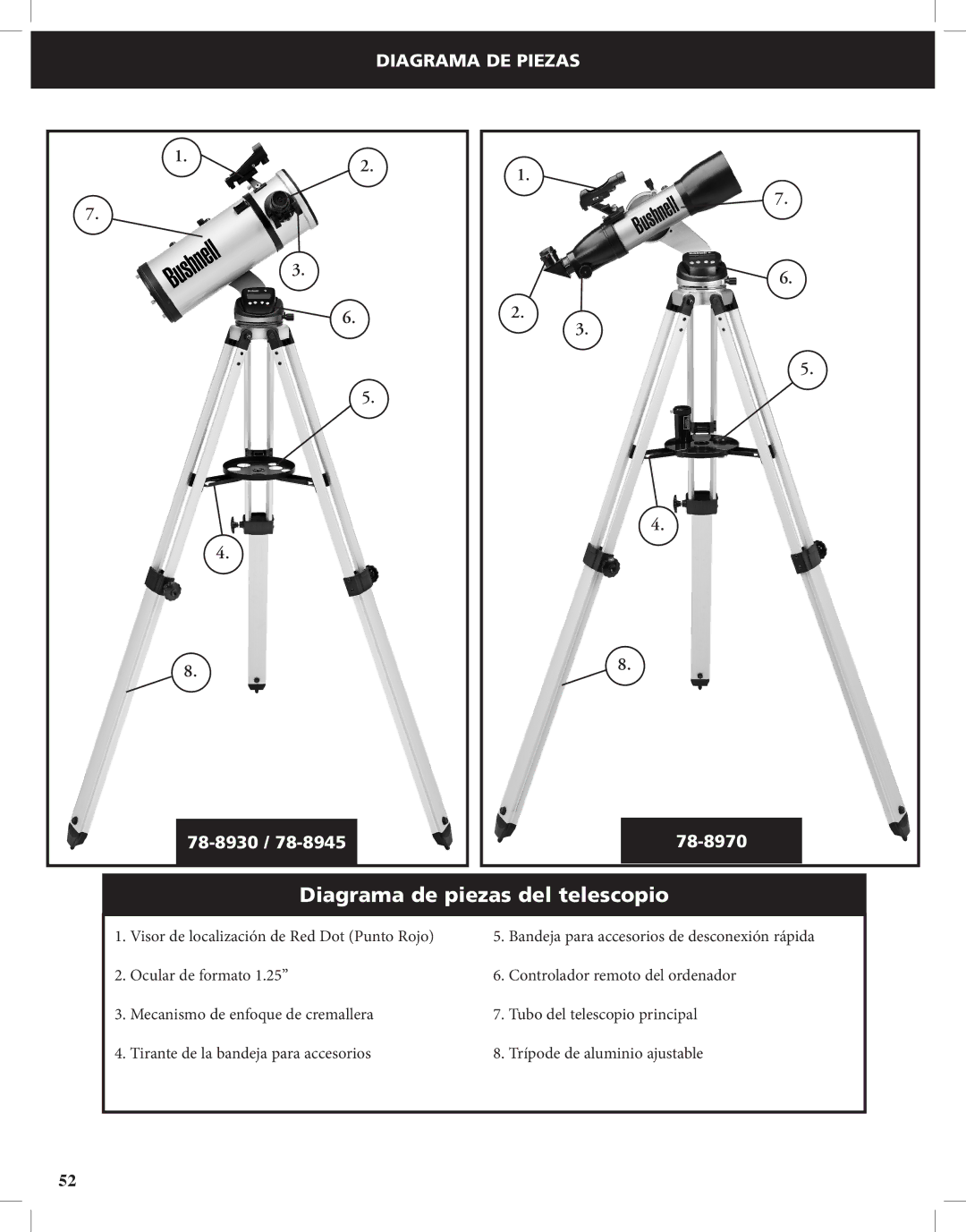 Bushnell Discoverer instruction manual Diagrama de piezas del telescopio, Diagrama DE Piezas 