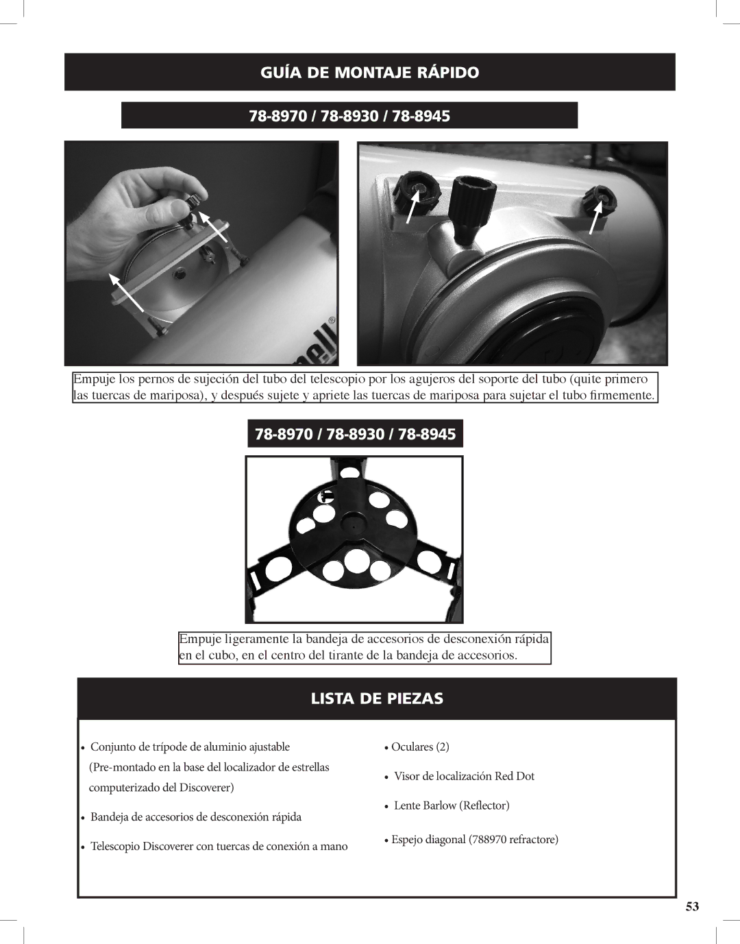 Bushnell Discoverer instruction manual Guía DE Montaje Rápido, Lista de piezas 