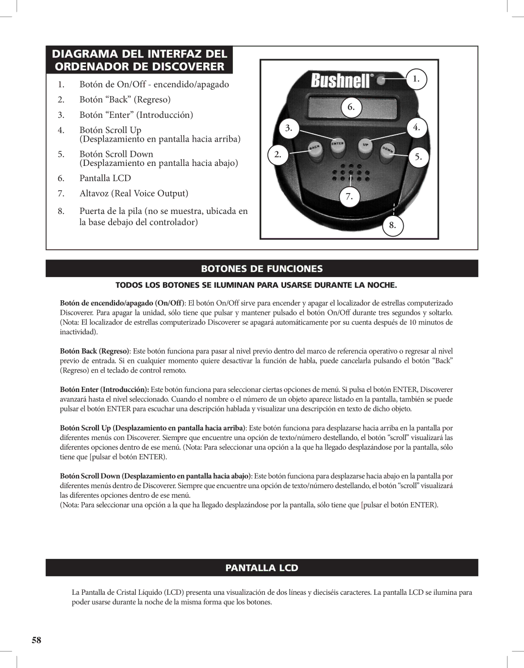 Bushnell instruction manual Diagrama DEL Interfaz DEL Ordenador DE Discoverer, Botones DE Funciones, Pantalla LCD 