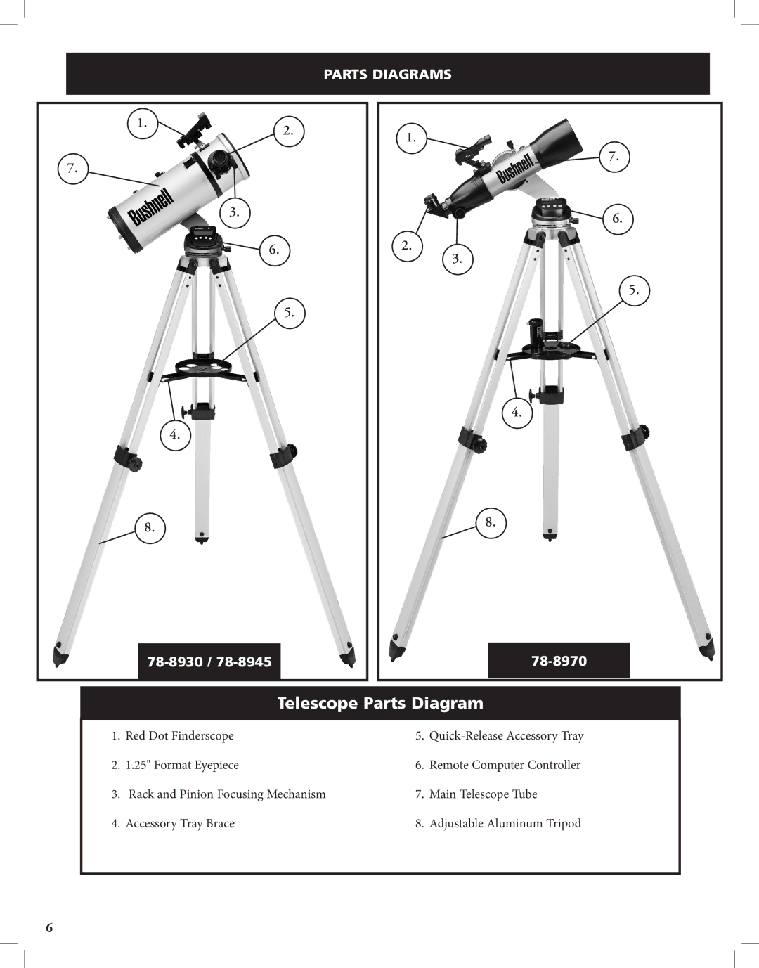 Bushnell Discoverer instruction manual Telescope Parts Diagram, Parts Diagrams 78-8930 78-8970 