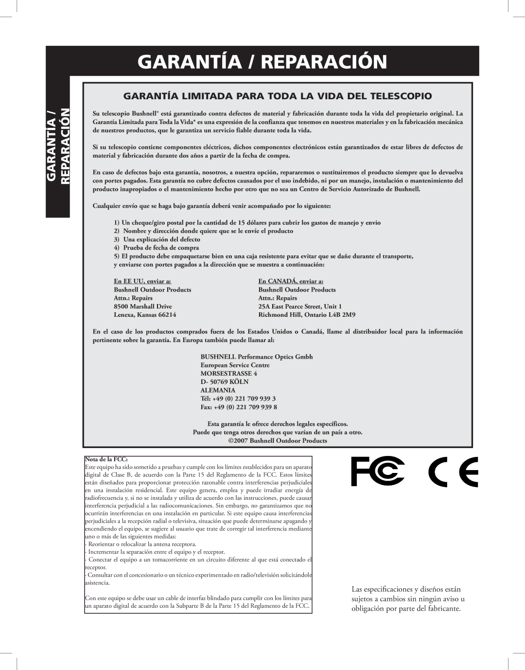 Bushnell Discoverer instruction manual Garantía / Reparación 