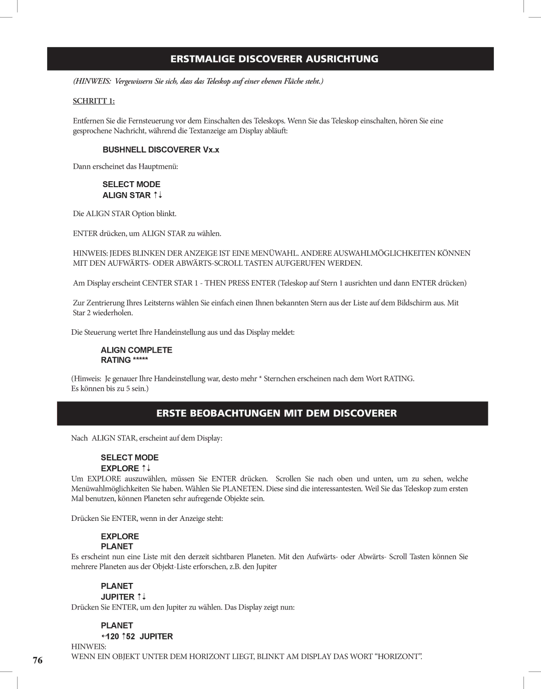 Bushnell instruction manual Merstmalige Discoverer Ausrichtung, Merste Beobachtungen MIT DEM Discoverer 