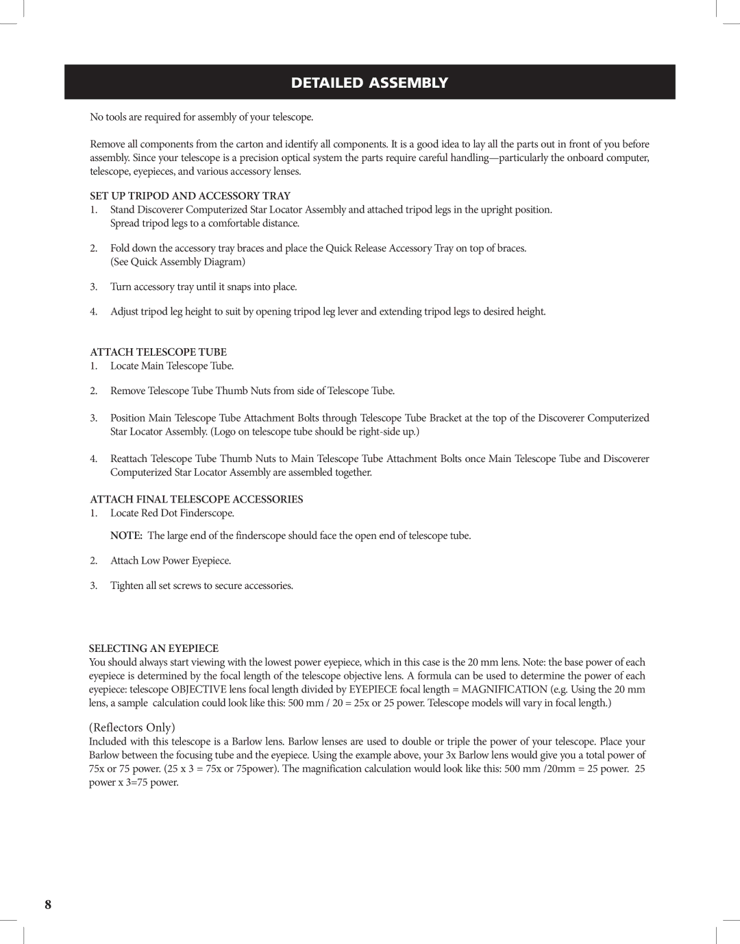 Bushnell Discoverer instruction manual Detailed­ Assembly, Set Up Tripod and Accessory Tray 