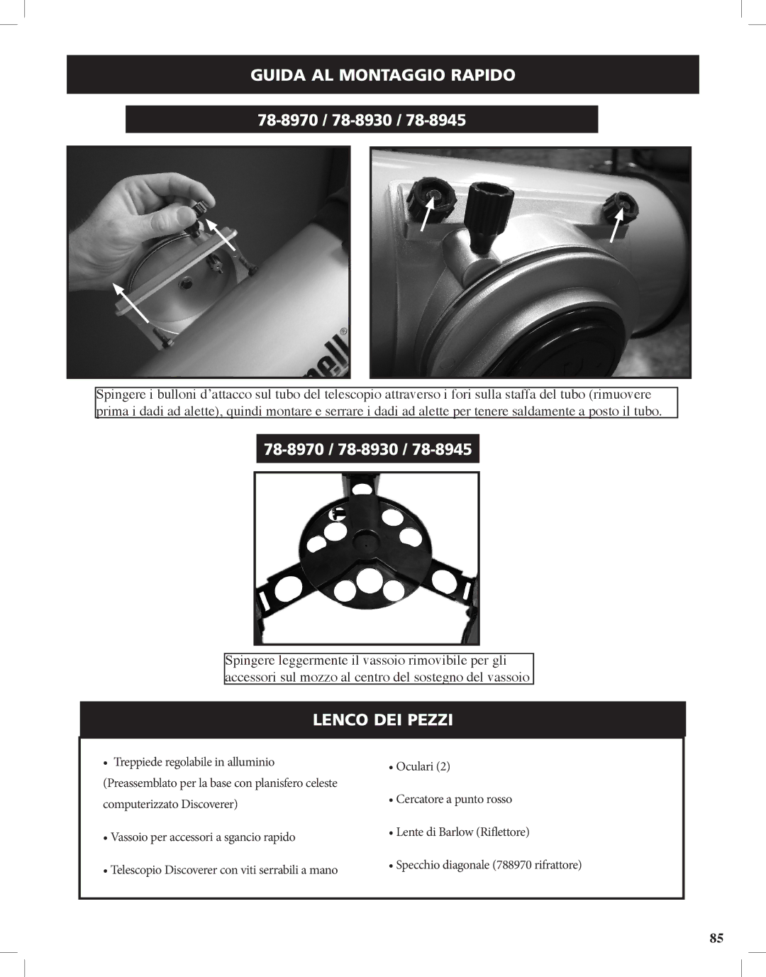 Bushnell Discoverer instruction manual Guida AL Montaggio Rapido, Lenco dei pezzi 