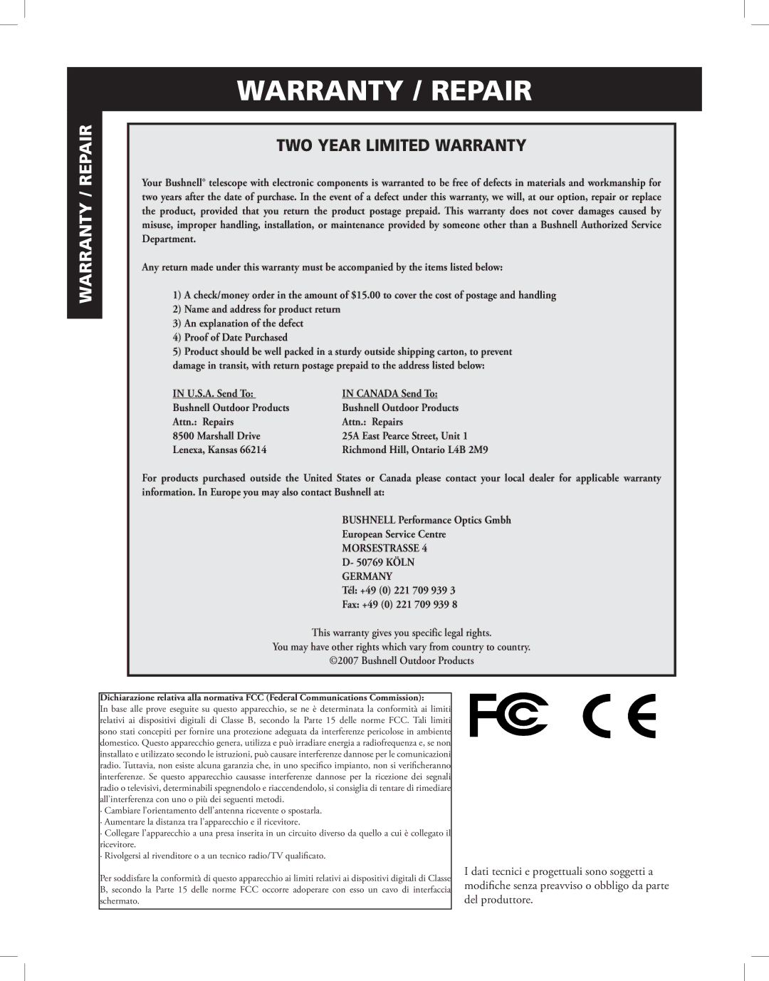 Bushnell Discoverer instruction manual Warranty / Repair, TWO Year Limited Warranty 