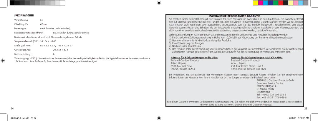 Bushnell Model 26-0542 Spezifikationen, Zweijährige Beschränkte Garantie, Adresse für Rücksendungen in die USA 