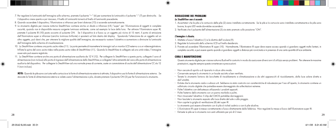 Bushnell Model 26-0542 Risoluzione DEI Problemi, Lo StealthView non si accende, ’immagine è sfocata, Cura E Manutenzione 