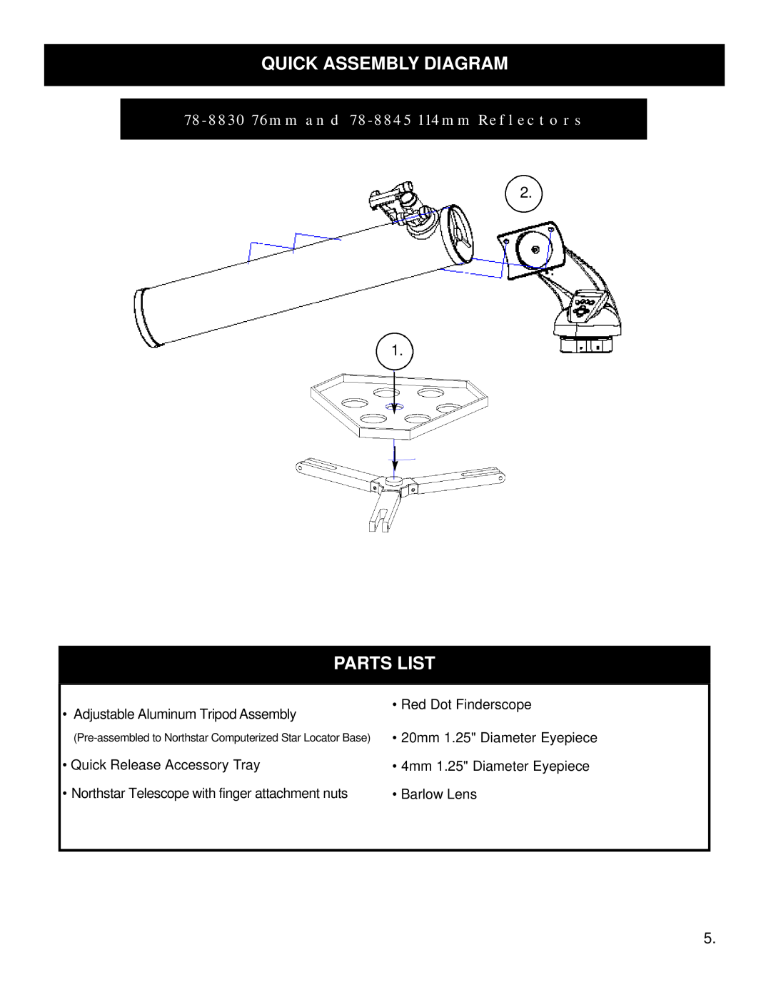 Bushnell North Star GOTO Quick Assembly Diagram, Parts List, 78-883076mm and 78-8845114mm Reflectors, • Barlow Lens 
