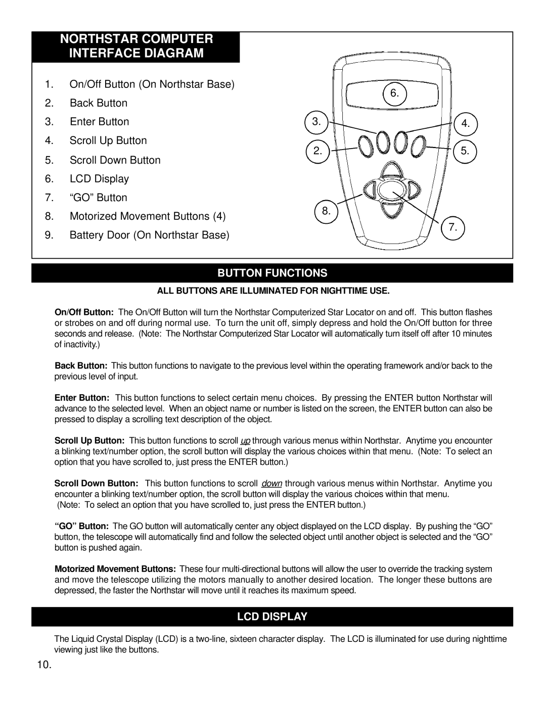 Bushnell North Star GOTO instruction manual Button Functions, LCD Display 