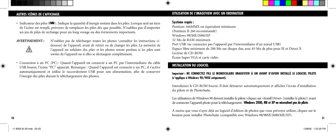 Bushnell Nov-00 Autres Icônes DE L’AFFICHAGE, Utilisation DE L’IMAGEVIEW Avec UN Ordinateur, Système requis 