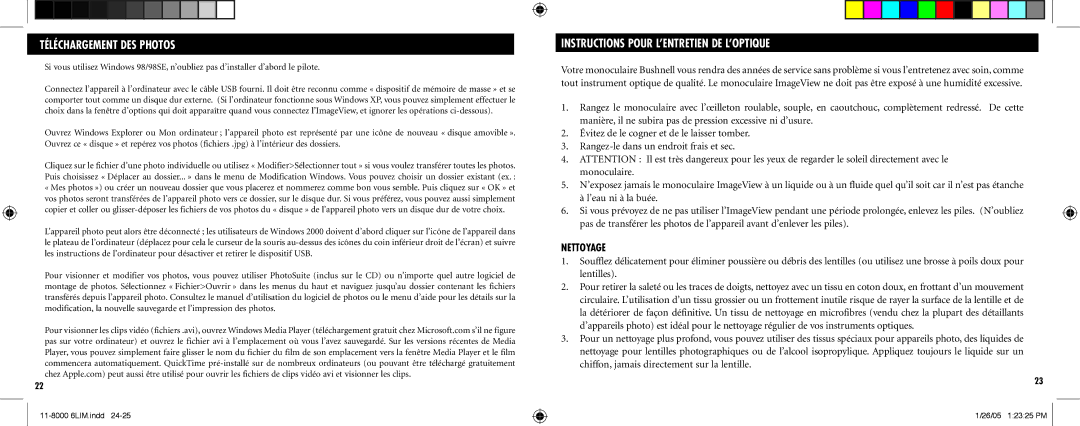 Bushnell Nov-00 instruction manual Téléchargement DES Photos, Nettoyage 