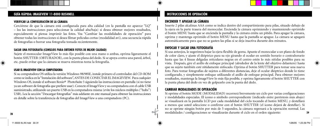 Bushnell Nov-00 instruction manual Instrucciones DE Operación, Encender Y Apagar LA Cámara, Enfocar Y Sacar UNA Fotografía 