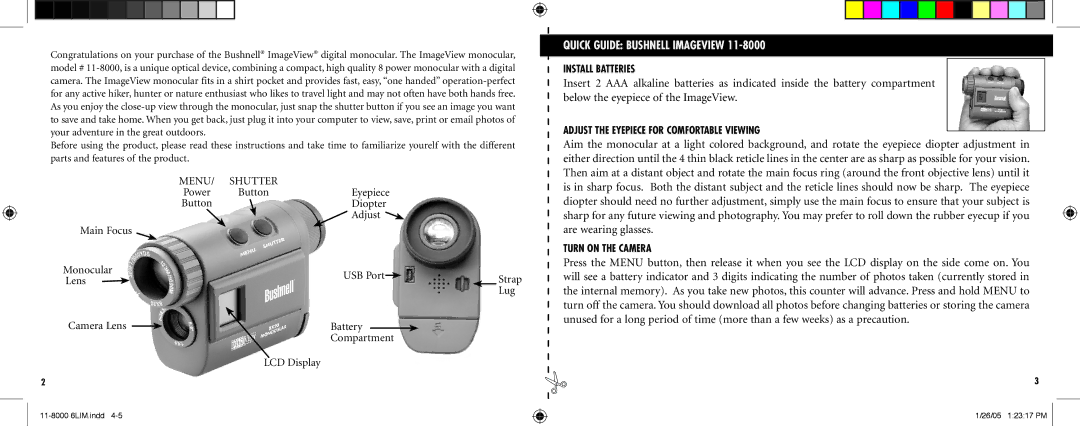 Bushnell Nov-00 Quick Guide Bushnell Imageview, Install Batteries, Adjust the Eyepiece for Comfortable Viewing 