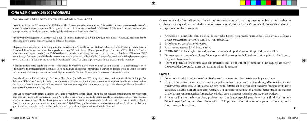 Bushnell Nov-00 instruction manual Como Fazer O Download DAS Fotografias, Limpeza 