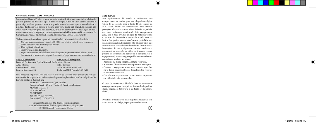 Bushnell Nov-00 Nos EUA envie para No Canadá envie para, Morsestrasse 4 D- 50769 Köln Alemanha, Nota da FCC 