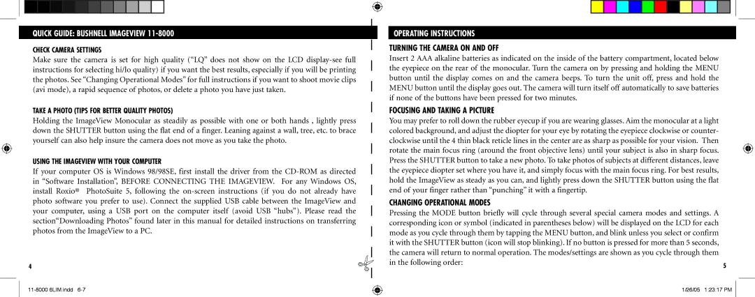 Bushnell Nov-00 instruction manual Operating Instructions, Turning the Camera on and OFF, Focusing and Taking a Picture 