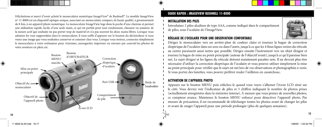 Bushnell Nov-00 instruction manual Guide Rapide Imageview Bushnell, Installation DES Piles, Activation DE L’APPAREIL Photo 