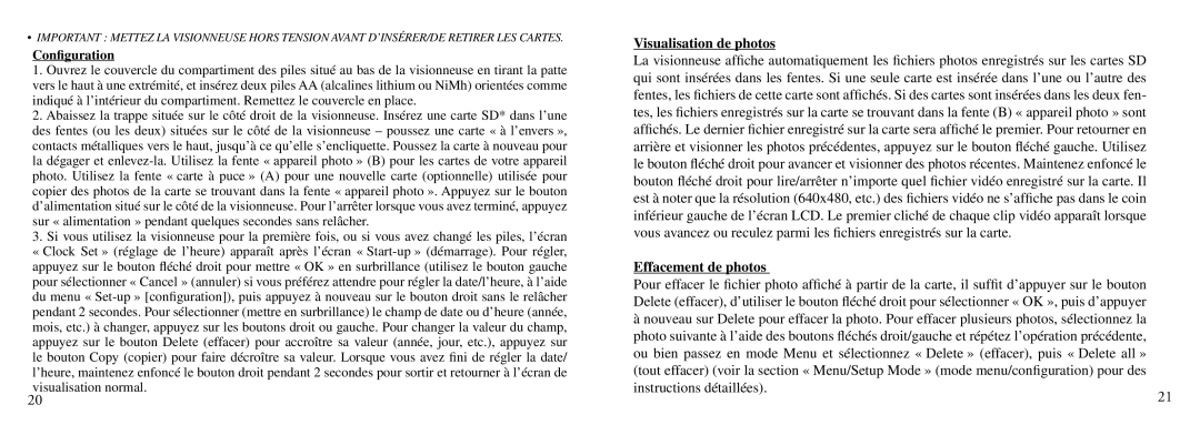 Bushnell Nov-00 instruction manual Visualisation de photos, Effacement de photos, Conﬁguration 