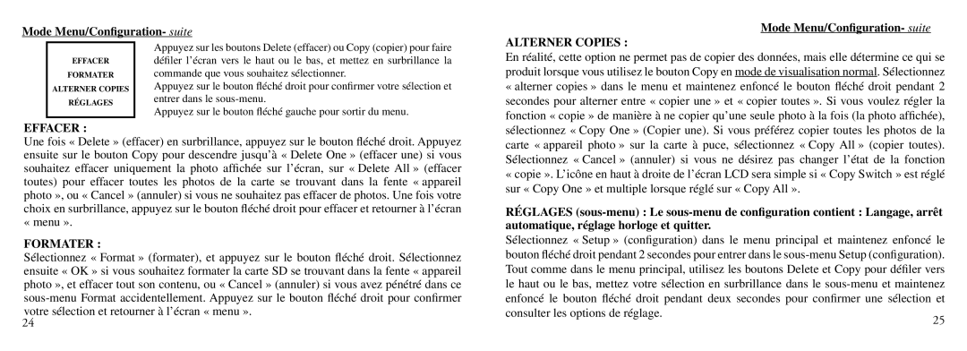 Bushnell Nov-00 instruction manual Mode Menu/Conﬁguration- suite, Alterner Copies, Effacer, Formater 