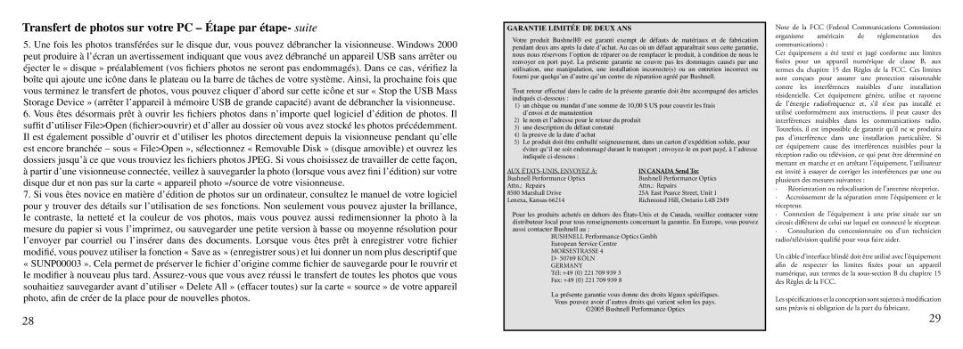 Bushnell Nov-00 instruction manual Transfert de photos sur votre PC Étape par étape- suite, Garantie Limitée DE Deux ANS 