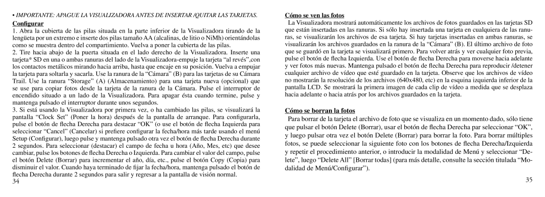 Bushnell Nov-00 instruction manual Conﬁgurar, Cómo se ven las fotos, Cómo se borran la fotos 