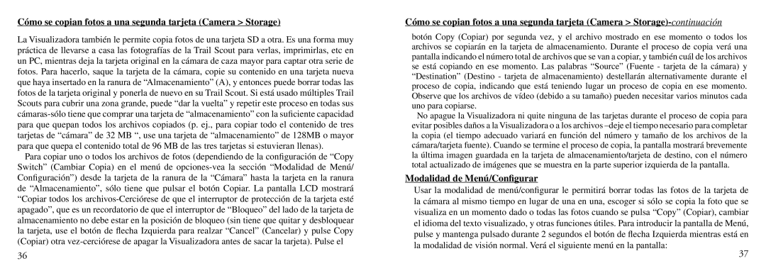 Bushnell Nov-00 instruction manual Cómo se copian fotos a una segunda tarjeta Camera Storage, Modalidad de Menú/Conﬁgurar 