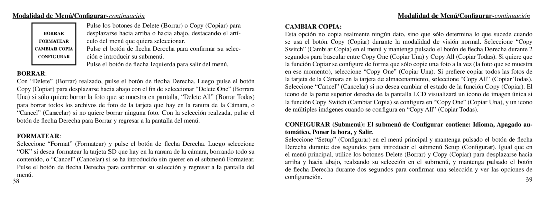 Bushnell Nov-00 instruction manual Modalidad de Menú/Conﬁgurar-continuación, Cambiar Copia, Borrar, Formatear 