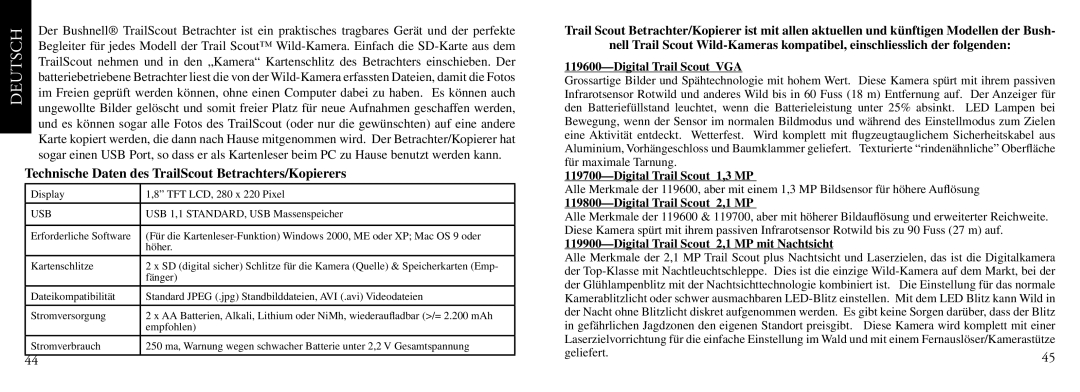 Bushnell Nov-00 instruction manual Technische Daten des TrailScout Betrachters/Kopierers, Digital Trail Scout 1,3 MP 