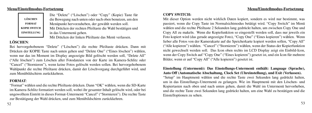 Bushnell Nov-00 instruction manual Menu/Einstellmodus-Fortsetzung, Löschen 