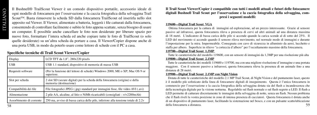 Bushnell Nov-00 Speciﬁche tecniche di Trail Scout Viewer/Copier, Digital Trail Scout VGA, Digital Trail Scout 1.3MP 