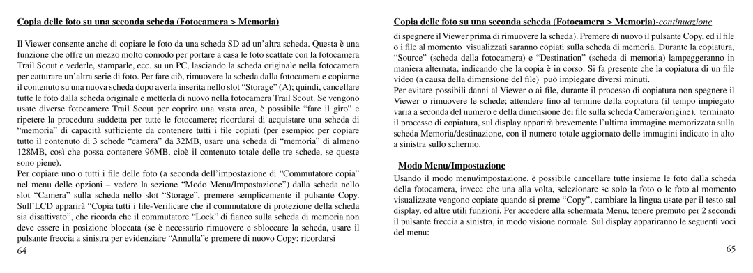 Bushnell Nov-00 instruction manual Copia delle foto su una seconda scheda Fotocamera Memoria, Modo Menu/Impostazione 