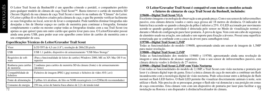 Bushnell Nov-00 instruction manual Especiﬁcações Técnicas do Leitor/Gravador Trail Scout, Digital Trail Scout 1,3MP 