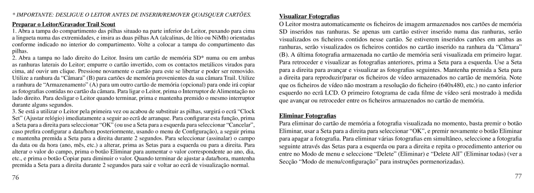 Bushnell Nov-00 instruction manual Visualizar Fotograﬁas, Eliminar Fotograﬁas, Preparar o Leitor/Gravador Trail Scout 