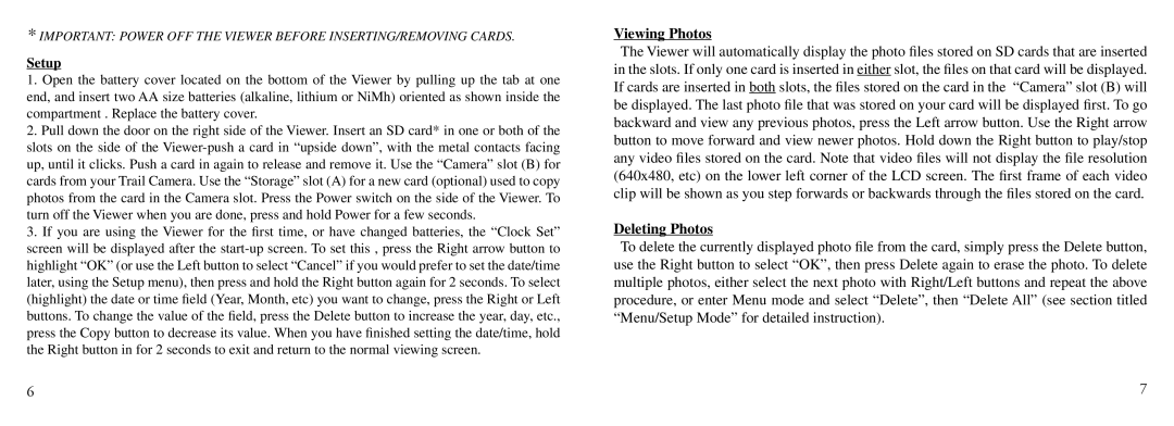 Bushnell Nov-00 instruction manual Setup, Viewing Photos, Deleting Photos 