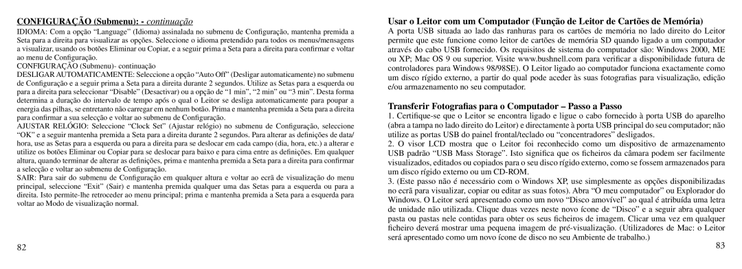 Bushnell Nov-00 instruction manual Configuração Submenu continuação 